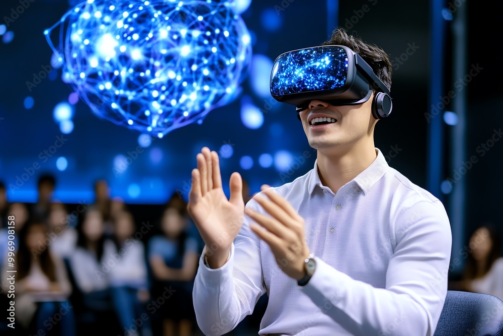 Aufkleber a futuristic teacher conducting a lesson through a virtual reality classroom, with students attendin