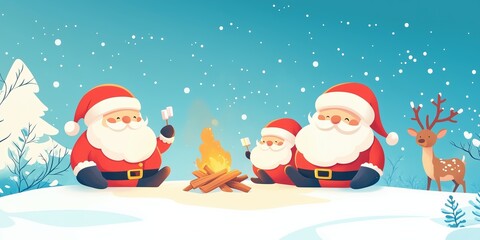 Fototapeta premium A festive illustration of three cheerful Santa Claus characters gathered around a cozy campfire in a snowy landscape.