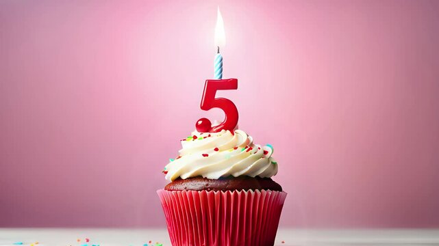 Birthday cupcake with lit birthday candle. Number six for six years or sixth anniversary.