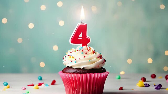 Birthday cupcake with lit birthday candle. Number four for four years or fourth anniversary.