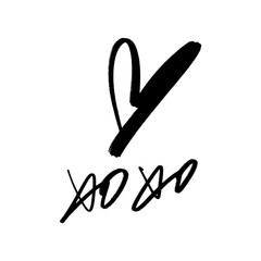 Fototapeta premium Hand-drawn black isolated heart and hugs and kisses lettering. Brush, ink. Decor element. Valentine's day card, pattern element and love symbol. Vector, clipart.