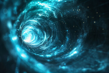 Abstract depiction of a glowing blue wormhole spiral with futuristic energy
