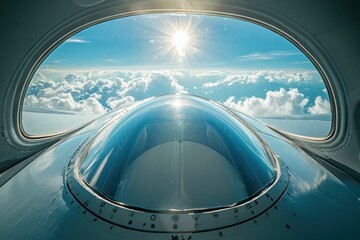 Fototapeta premium airplane cockpit, clouds, sunlight, blue sky, aviation view, travel experience, aviation photography, picturesque scenery, high altitude perspective, inspiring journey