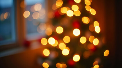 Fototapeta premium Defocused scene with Cozy Christmas Tree with Warm Golden Bokeh Lights in Blurred Background