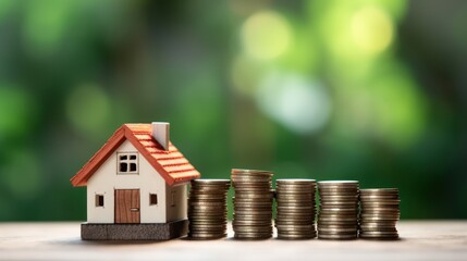 House Model and Stack of Coins on a Wooden Table Against a Green Background