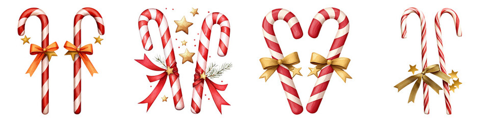 Fototapeta premium Colorful candy canes arranged in festive patterns, featuring bows and a heart shape, ideal for holiday decorations.