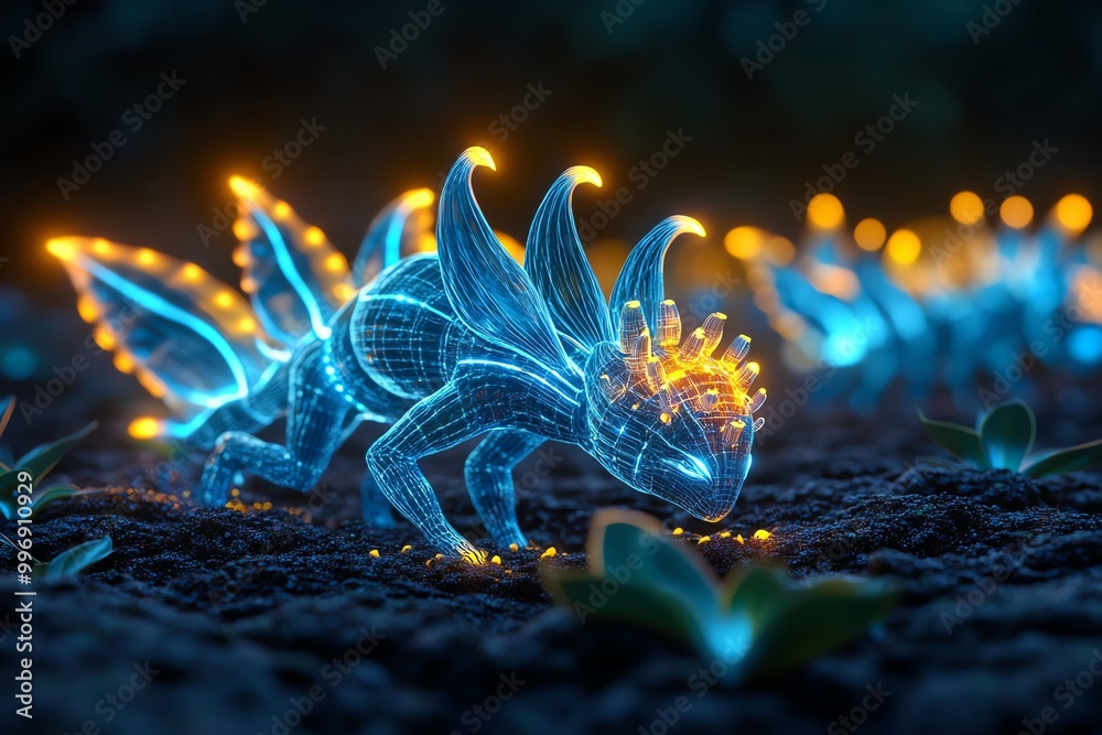 Poster a group of magical creatures working together to capture carbon from the atmosphere, using glowing, 