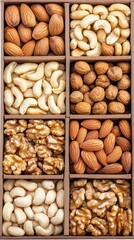 This visually appealing arrangement features cashews, hazelnuts, almonds, and macaroons in a neat paper box, emphasizing their natural textures and colors