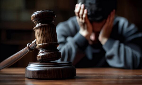 A judge's gavel rests on the table, with a guilty man blurred in the background. 4K footage symbolizing law, justice, courtroom judgment, and legal proceedings.