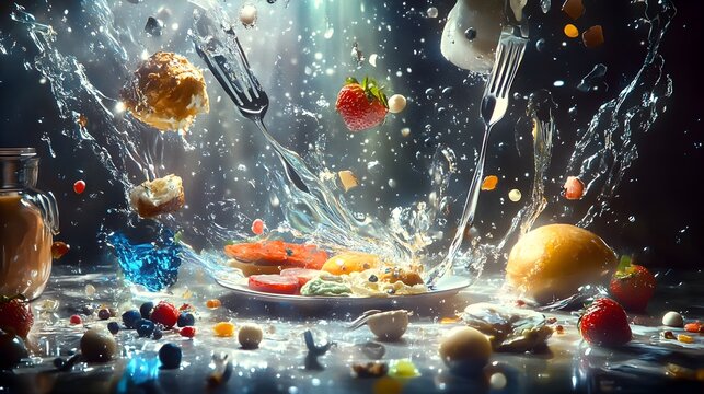 Transcendent Breakfast Scene A captivating digital depicting food in a state of flux utensils moving autonomously the environment radiating with preternatural energy