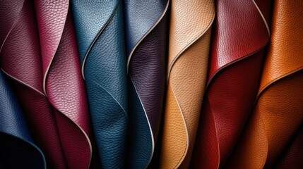 An array of colorful leather swatches displayed in a fanned arrangement, highlighting various textures and tones.