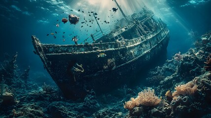 Underwater Scene Featuring a Sunken Shipwreck Surrounded by a Thriving Aquatic Ecosystem Filled with Diverse Marine Life in the Depths of the Ocean