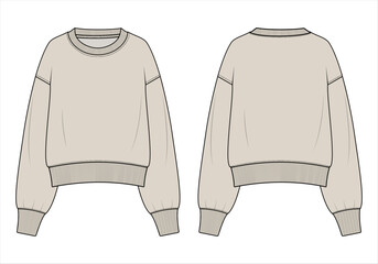 Women's oversized sweatshirt Long sleeve fashion flat technical drawing template. Flat sketch template raglan sleeve, round neck, front and back view, CAD mockup. © Yeasir Arafat Rasel