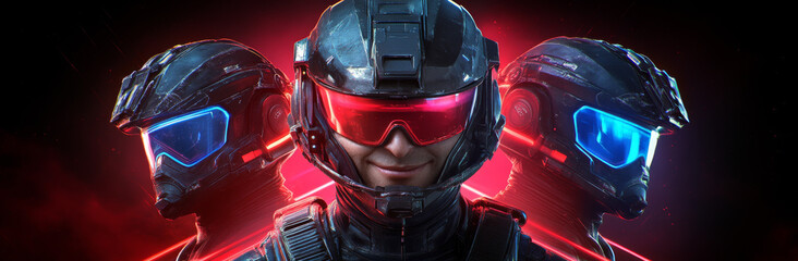 Futuristic soldiers in sleek helmets with glowing visors stand back to back, exuding confidence and readiness for battle. vibrant neon lights enhance intense atmosphere