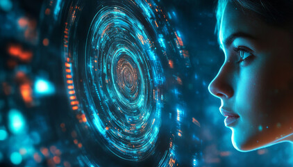 futuristic hologram interface surrounds young woman, showcasing vibrant blue and orange lights. scene evokes sense of wonder and exploration in digital realm