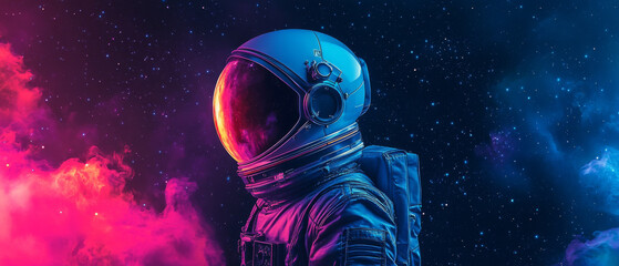 spaceman in vibrant space setting, showcasing colorful nebula and stars in background. astronauts helmet reflects cosmic colors, creating captivating visual