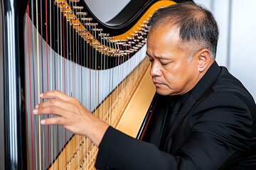 A harpist performing a delicate piece on a grand harp, focusing on their fingers gently plucking the strings