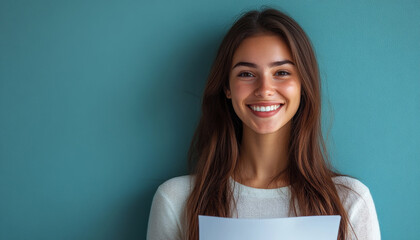 Fototapeta premium Smiling woman holding document against teal background, radiating positivity and confidence. Her long hair and bright smile create inviting atmosphere