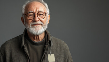 Fototapeta premium Elderly man with sales tag, wearing glasses and warm smile, exuding wisdom and experience. His grey beard and casual attire add to his approachable demeanor