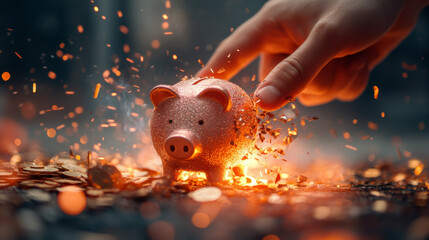hand shatters piggy bank, sending coins and sparks flying in dramatic scene. image captures moment of breaking free from financial constraints, evoking sense of liberation and excitement