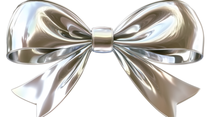 A shiny silver bow on a transparent background.
