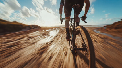 Naklejka premium A cyclist rides along a muddy beach path during sunset, capturing the essence of adventure and freedom in nature