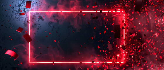 Red neon rectangle with confetti and abstract smoke effect