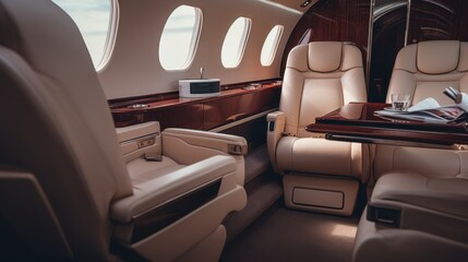 Luxurious private jet interior with plush leather seats, wooden accents, and ambient lighting, exuding comfort and exclusivity.
