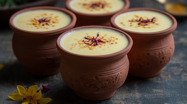 Authentic Indian cold drink made up of curd, milk & malai called Lassi in saffron / kesar flavour, also called kesariya or keshariya or kesar lassi, served in traditional indian terracotta glasses 
