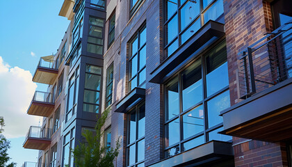 Exterior of building with beautiful window and steel grilles