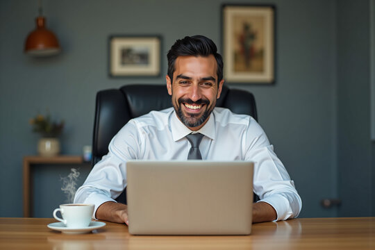 Latino entrepreneur working at modern desk with laptop and coffee