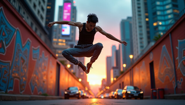 Young Asian man doing parkour in urban alleyway