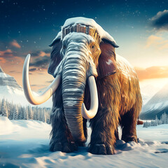 Wooden Mammoth at the North Pole, Illustration Created with Generative AI