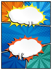 comic speech bubbles in white clouds on a vibrant pop art background flat design vector illustration