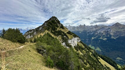 breathtaking ridge hiking trail Stoos, from Fronalpstock to Klingenstock, high above lake lucerne, Switzerland.