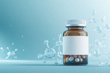 A medical bottle with a blank label, surrounded by molecular structures, symbolizes scientific research and pharmaceutical innovation.