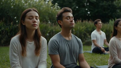 Obraz premium A group of people meditating in a outdoor garden, the peaceful environment clears the mind.