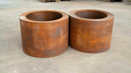 Steel coils are being transported by cargo ships in a busy warehouse, set against the backdrop of an industrial plant illuminated at night