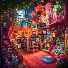 Whimsical Black Friday Imagination A Fantastical Toy Store Filled with Imaginative and Vibrant Merchandise Featuring Playful Textures Bright Colors and a Magical Realist Style