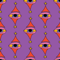 square seamless pattern -sinister eyes for Halloween.Devil eyes in 1970s psychedelic style.Groovy and funky print ornament.A look from a horror movie. Mystical esoteric eye.Witches,astrology and tarot