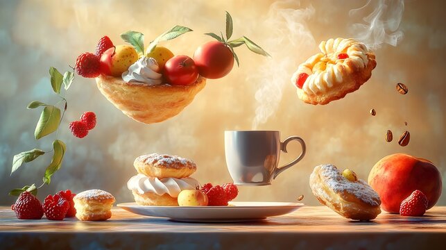 Whimsical breakfast composition featuring oversized drifting pastries suspended fruit and a gravity defying coffee cup in a digital art style with soft warm lighting and a dreamlike atmosphere