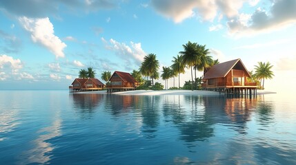 Fototapeta premium Wooden houses on the water on a beautiful island with palm 