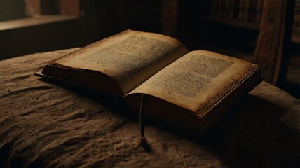 Obraz premium an open book in a room with a dark backdrop, old, old book pages