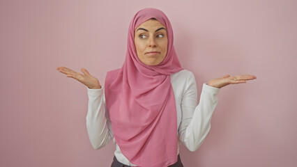 A young woman in a pink hijab expressing uncertainty against an isolated pink background.