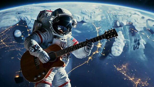 An astronaut plays an acoustic guitar in space, with Earth in the background