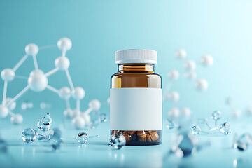 A medical bottle with a blank label, surrounded by molecular structures, symbolizes scientific research and pharmaceutical innovation.