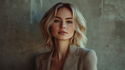 Fototapeta premium A woman with wavy blonde hair poses confidently against a textured wall in soft natural lighting, showcasing a stylish blazer