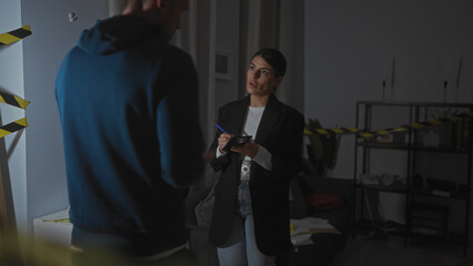 A woman inspector questions a man in a crime scene room, with caution tape suggesting investigation.
