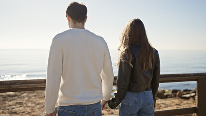 Back view of a man and woman holding hands at the seaside, symbolizing love and togetherness...