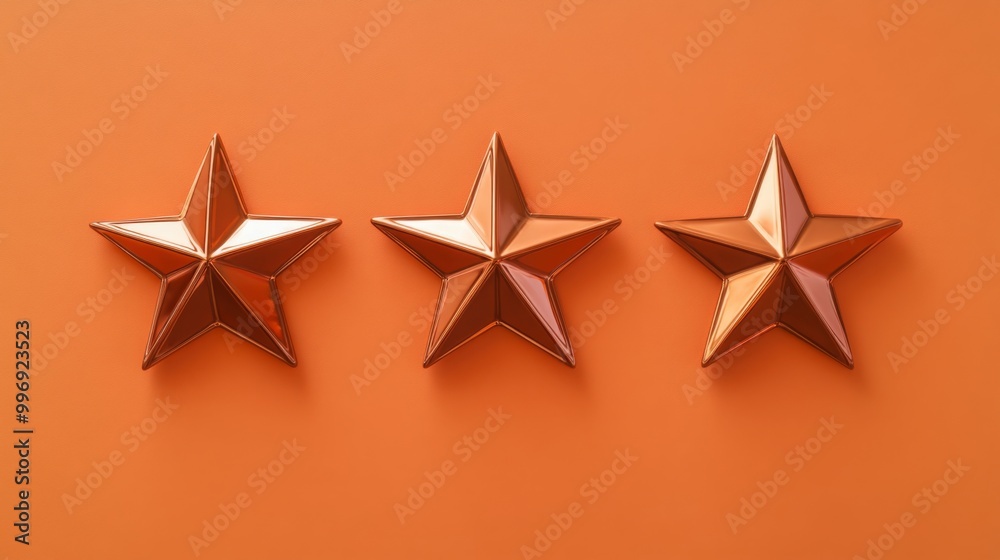Poster Three glossy metallic stars are arranged in a row on a bright orange background, creating a striking visual contrast. The stars reflect light beautifully, adding a touch of elegance to the setting.